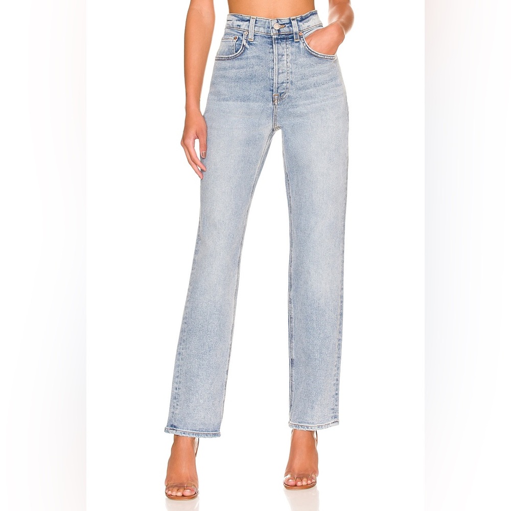 GRLFRND Revolve Cassidy Mid Rise Straight Jeans in La Brea Blue Denim Size 27